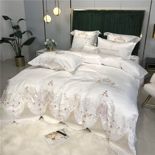 HKM-519955 Light Luxury Embroidery Washed Satin Ice Silk 4-Piece Bedding Set - Plant Floral Design