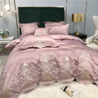 HKM-519955 Light Luxury Embroidery Washed Satin Ice Silk 4-Piece Bedding Set - Plant Floral Design