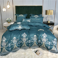 HKM-519955 Light Luxury Embroidery Washed Satin Ice Silk 4-Piece Bedding Set - Plant Floral Design