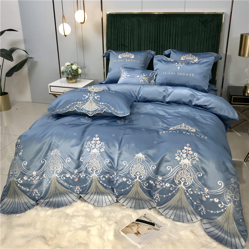 HKM-519955 Light Luxury Embroidery Washed Satin Ice Silk 4-Piece Bedding Set - Plant Floral Design