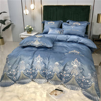 HKM-519955 Light Luxury Embroidery Washed Satin Ice Silk 4-Piece Bedding Set - Plant Floral Design