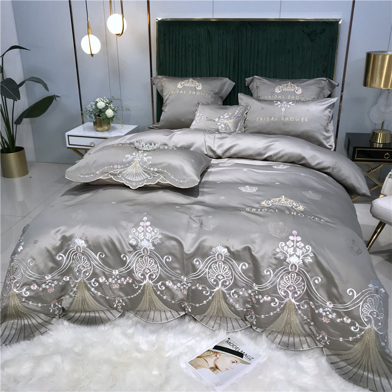 HKM-519955 Light Luxury Embroidery Washed Satin Ice Silk 4-Piece Bedding Set - Plant Floral Design