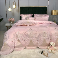 HKM-519955 Light Luxury Embroidery Washed Satin Ice Silk 4-Piece Bedding Set - Plant Floral Design