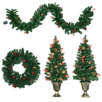 HKM-520403 Prelit Holiday Christmas 4-Piece Set with Wreath, Garland, and Entrance Trees - Warm White LED Lights