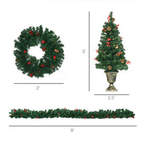 HKM-520403 Prelit Holiday Christmas 4-Piece Set with Wreath, Garland, and Entrance Trees - Warm White LED Lights