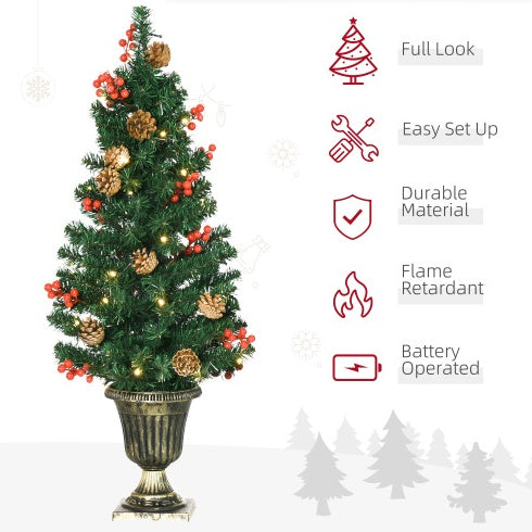 HKM-520403 Prelit Holiday Christmas 4-Piece Set with Wreath, Garland, and Entrance Trees - Warm White LED Lights
