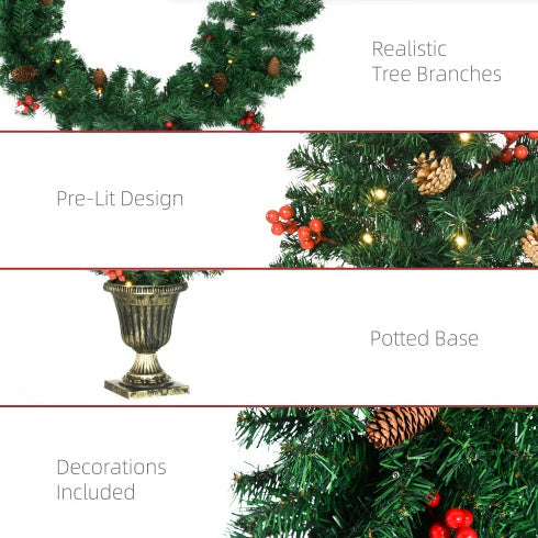 HKM-520403 Prelit Holiday Christmas 4-Piece Set with Wreath, Garland, and Entrance Trees - Warm White LED Lights