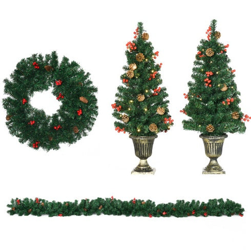 HKM-520403 Prelit Holiday Christmas 4-Piece Set with Wreath, Garland, and Entrance Trees - Warm White LED Lights
