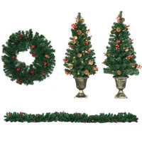 HKM-520403 Prelit Holiday Christmas 4-Piece Set with Wreath, Garland, and Entrance Trees - Warm White LED Lights