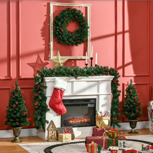 HKM-520403 Prelit Holiday Christmas 4-Piece Set with Wreath, Garland, and Entrance Trees - Warm White LED Lights