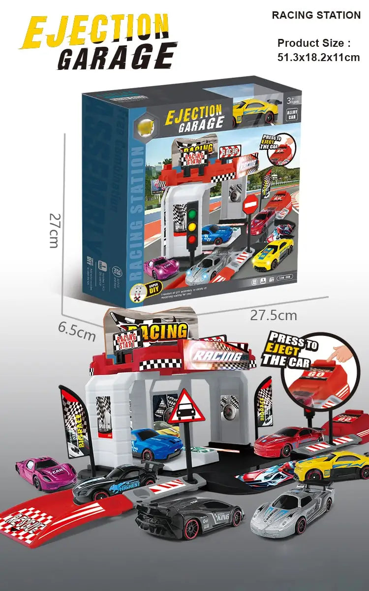 HKM-520595 Ejection Garage Parking Lot Set with Die Cast Cars for Kids Ages 2-7