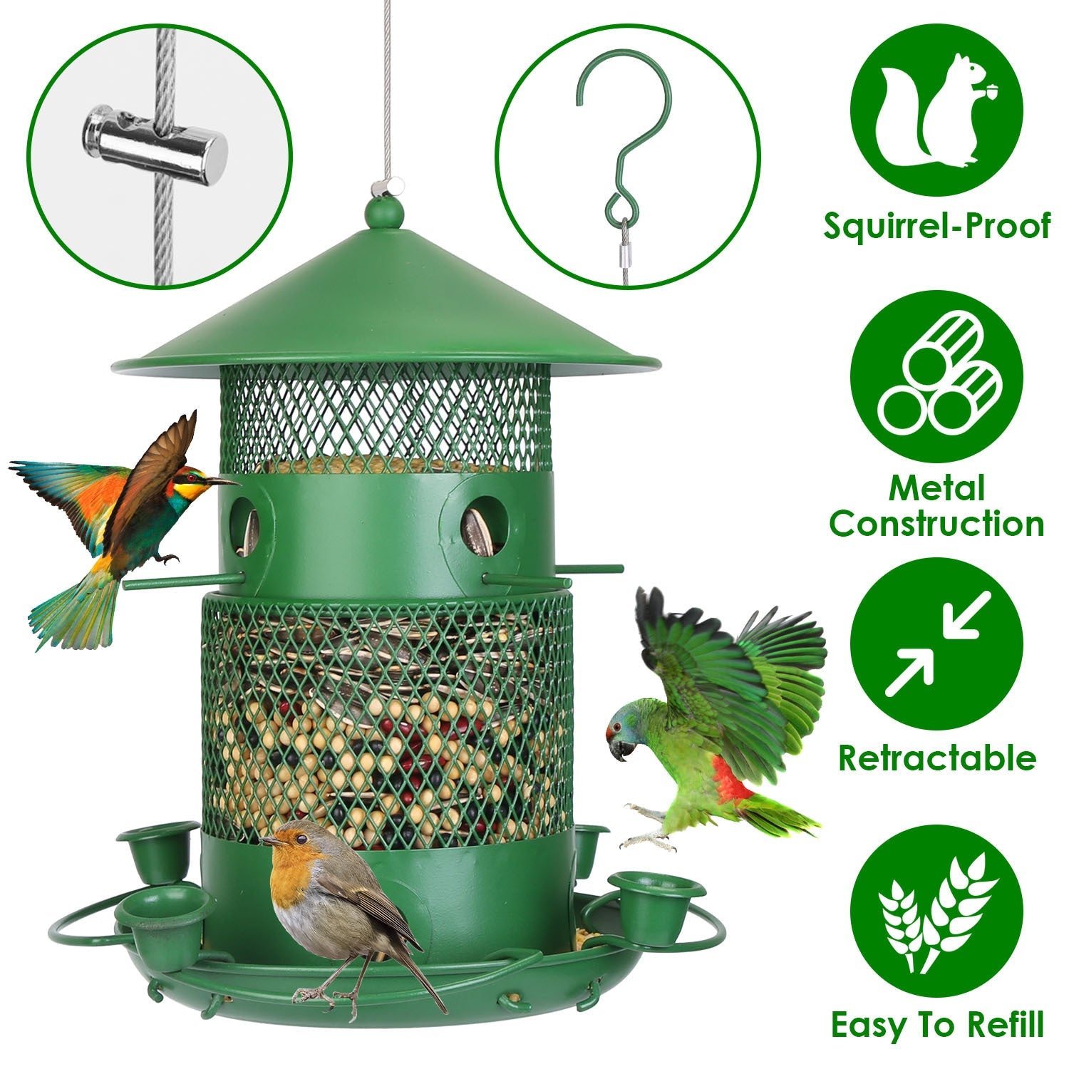 HKM-520723 Outdoor Hanging Wild Bird Feeder with Squirrel-Proof Metal Construction and 360-Degree Feeding Design