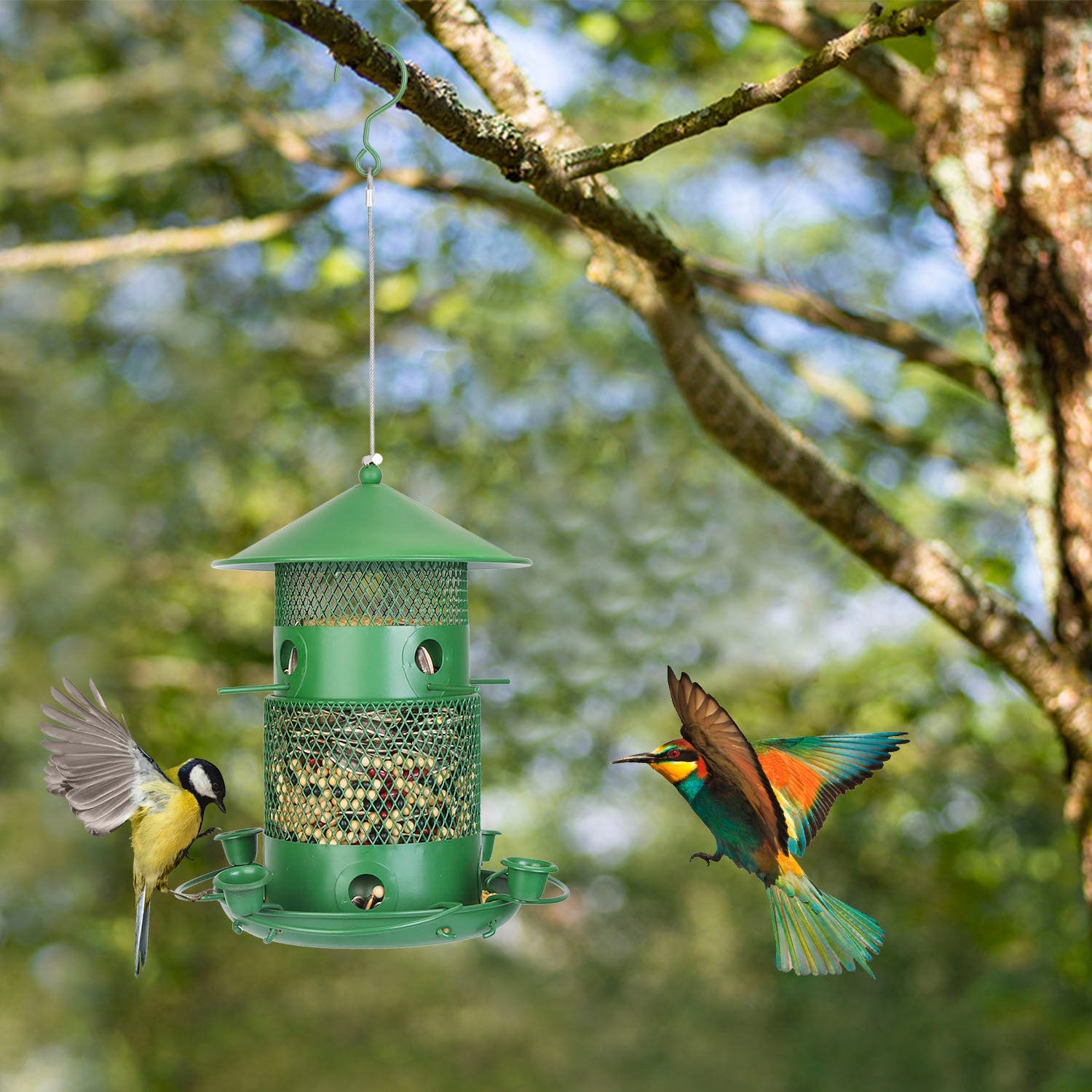 HKM-520723 Outdoor Hanging Wild Bird Feeder with Squirrel-Proof Metal Construction and 360-Degree Feeding Design