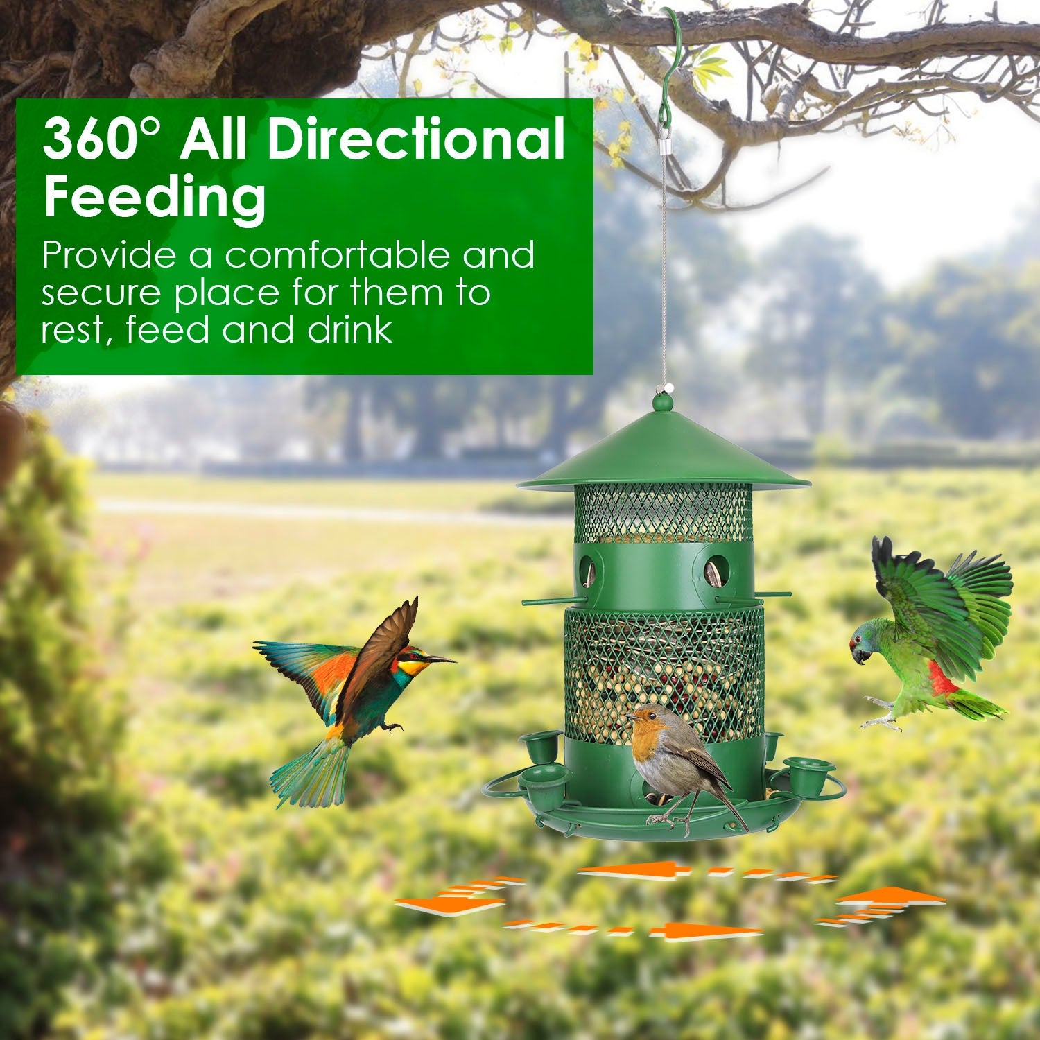 HKM-520723 Outdoor Hanging Wild Bird Feeder with Squirrel-Proof Metal Construction and 360-Degree Feeding Design