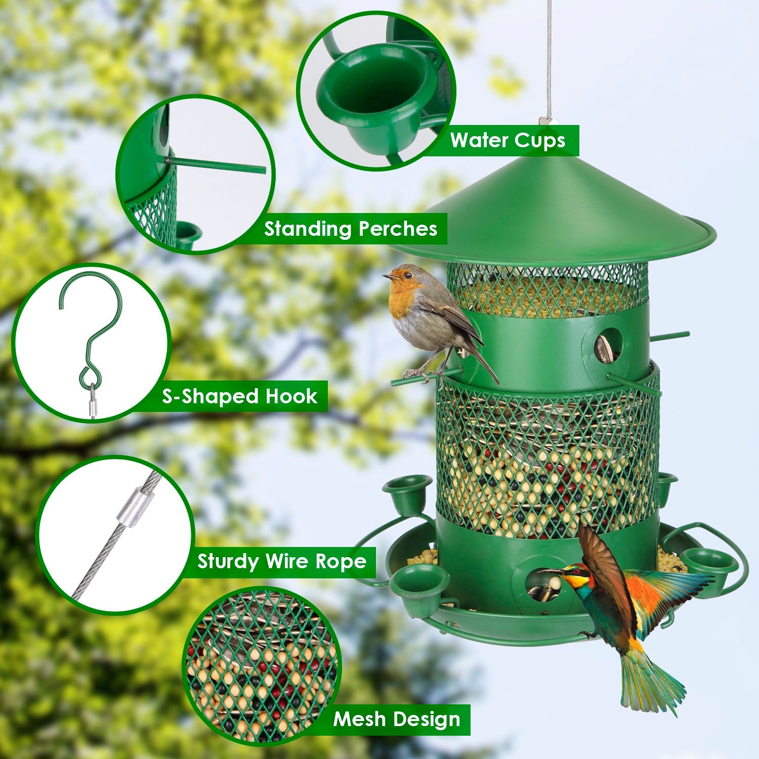 HKM-520723 Outdoor Hanging Wild Bird Feeder with Squirrel-Proof Metal Construction and 360-Degree Feeding Design
