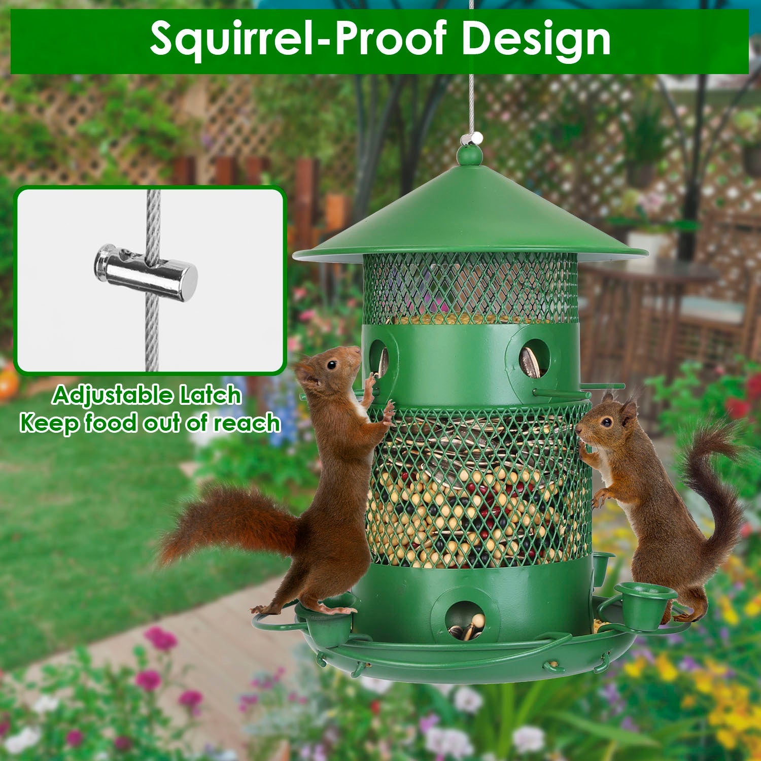 HKM-520723 Outdoor Hanging Wild Bird Feeder with Squirrel-Proof Metal Construction and 360-Degree Feeding Design