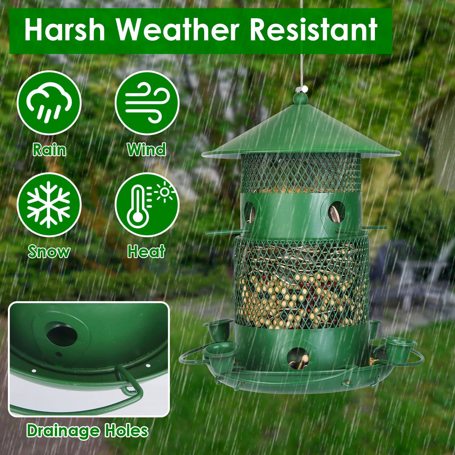 HKM-520723 Outdoor Hanging Wild Bird Feeder with Squirrel-Proof Metal Construction and 360-Degree Feeding Design