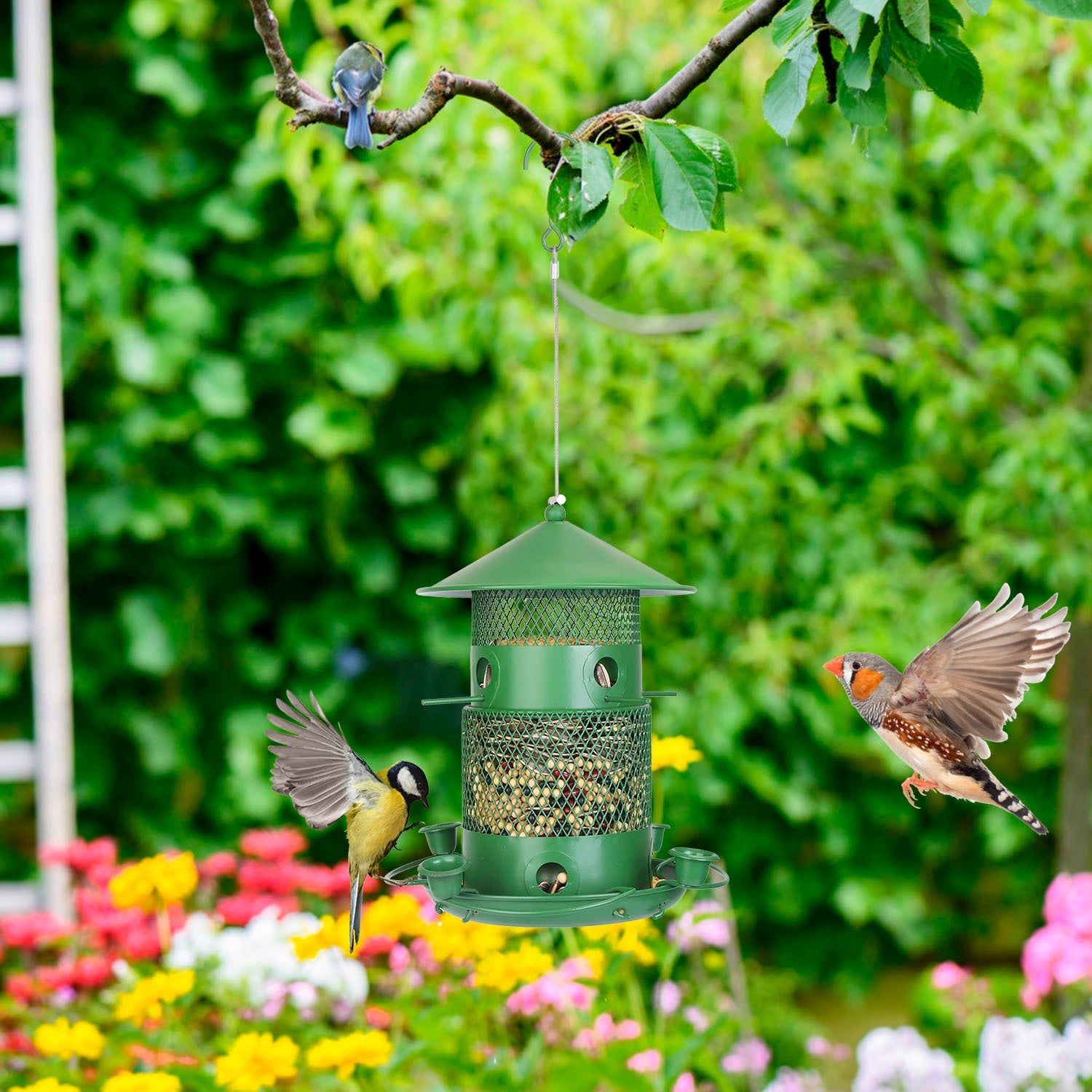 HKM-520723 Outdoor Hanging Wild Bird Feeder with Squirrel-Proof Metal Construction and 360-Degree Feeding Design