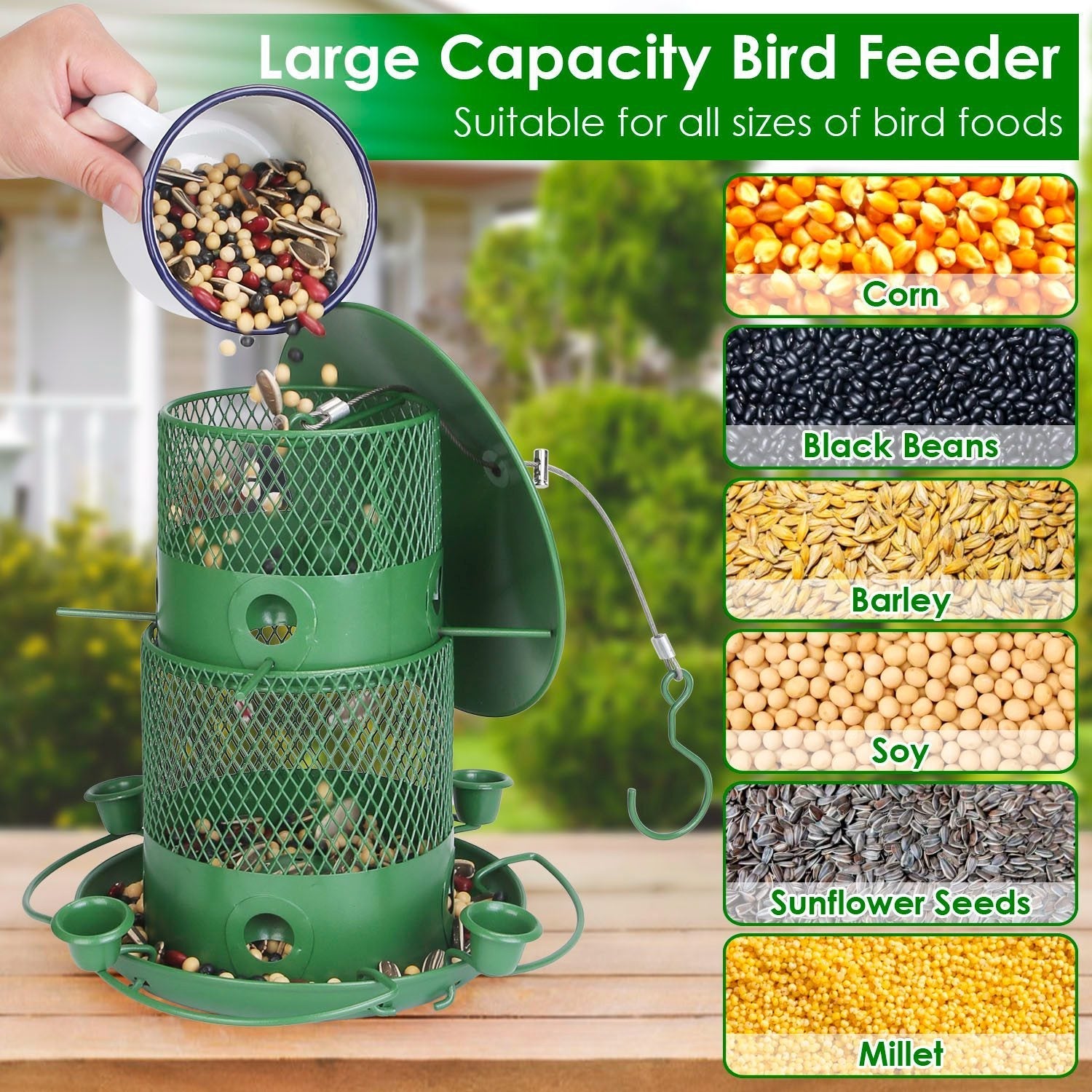 HKM-520723 Outdoor Hanging Wild Bird Feeder with Squirrel-Proof Metal Construction and 360-Degree Feeding Design