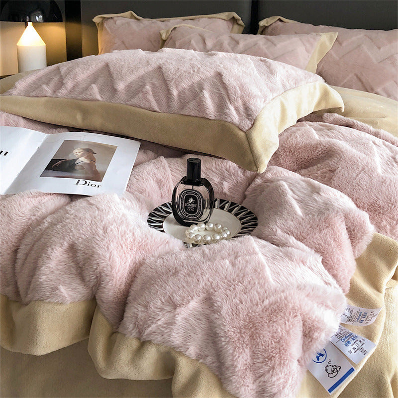 HKM-520787 Luxurious Milk Velvet Duvet Cover Set with Rabbit Hair - 4 Piece Bedding Collection in Multiple Elegant Colors