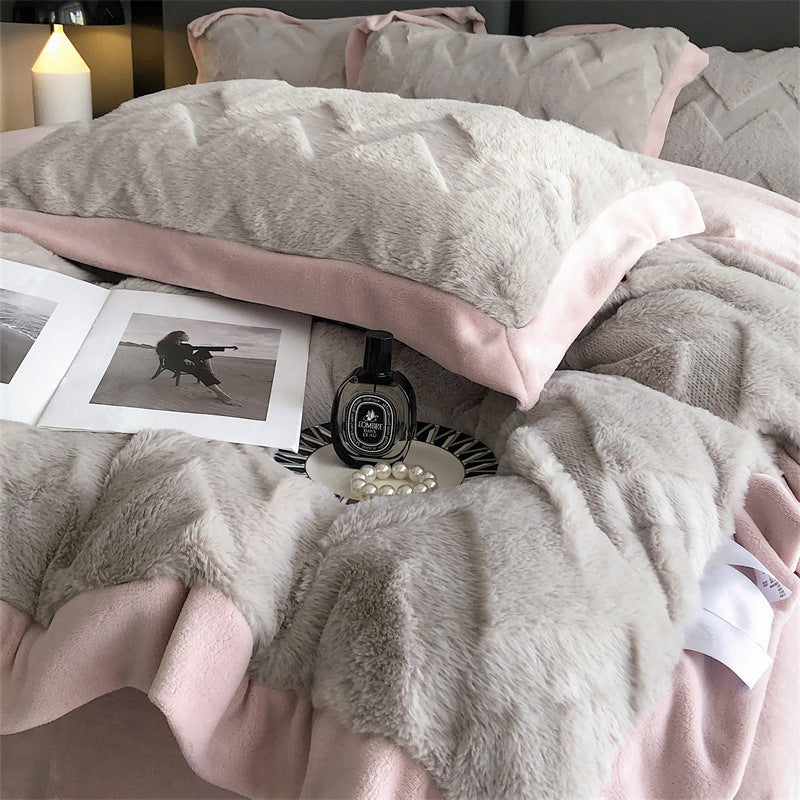 HKM-520787 Luxurious Milk Velvet Duvet Cover Set with Rabbit Hair - 4 Piece Bedding Collection in Multiple Elegant Colors