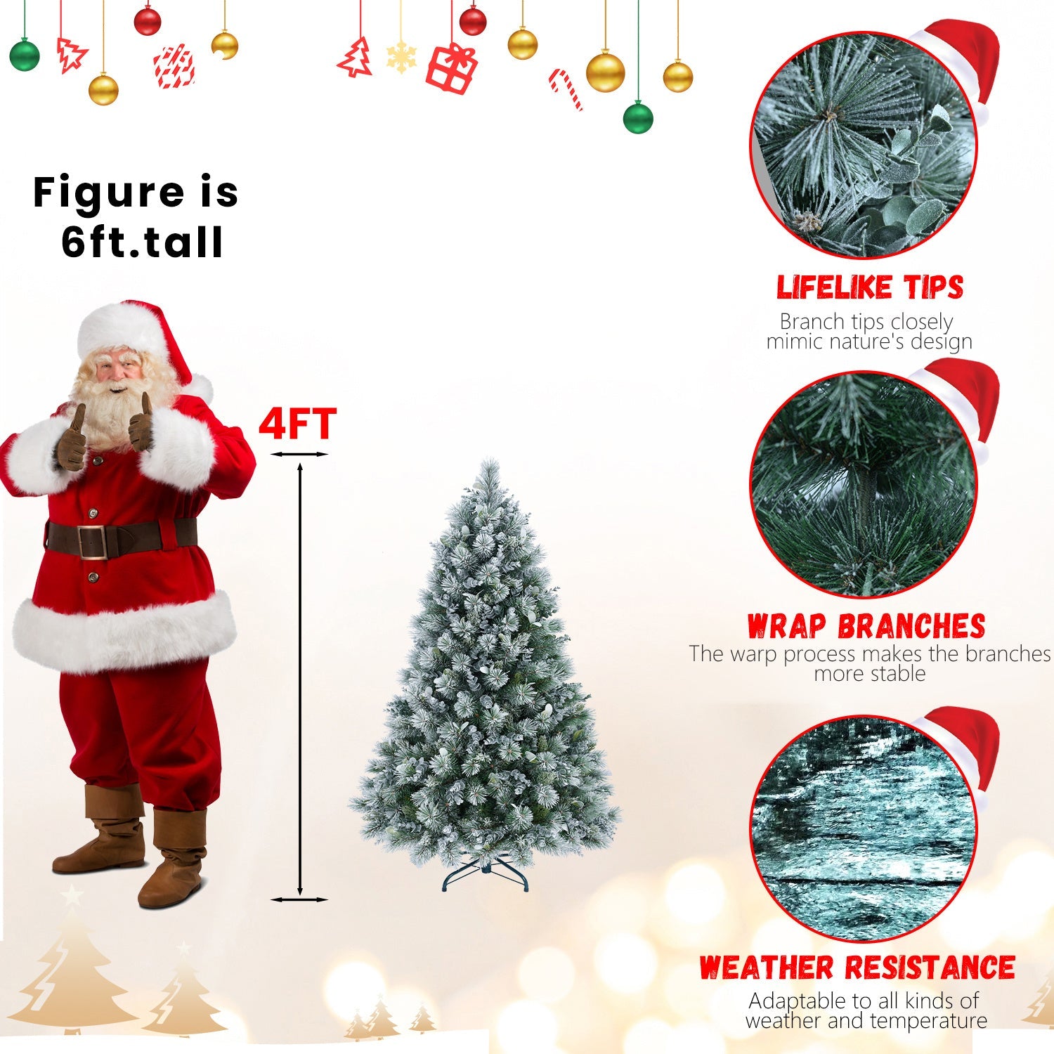 HKM-520915 4FT Snow Flocked Artificial Christmas Tree with 404 Realistic PE Tips for Home and Office Decor