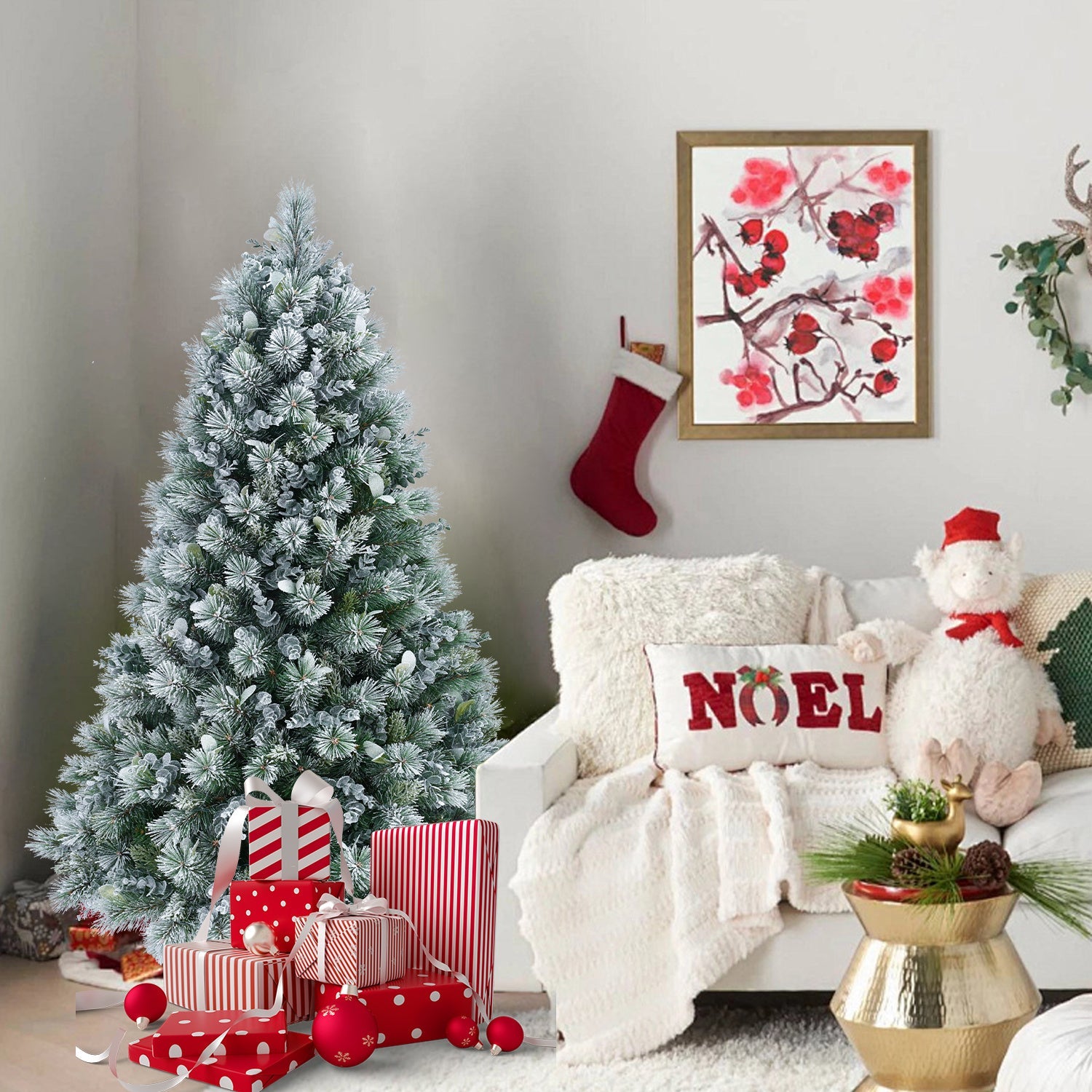 HKM-520915 4FT Snow Flocked Artificial Christmas Tree with 404 Realistic PE Tips for Home and Office Decor