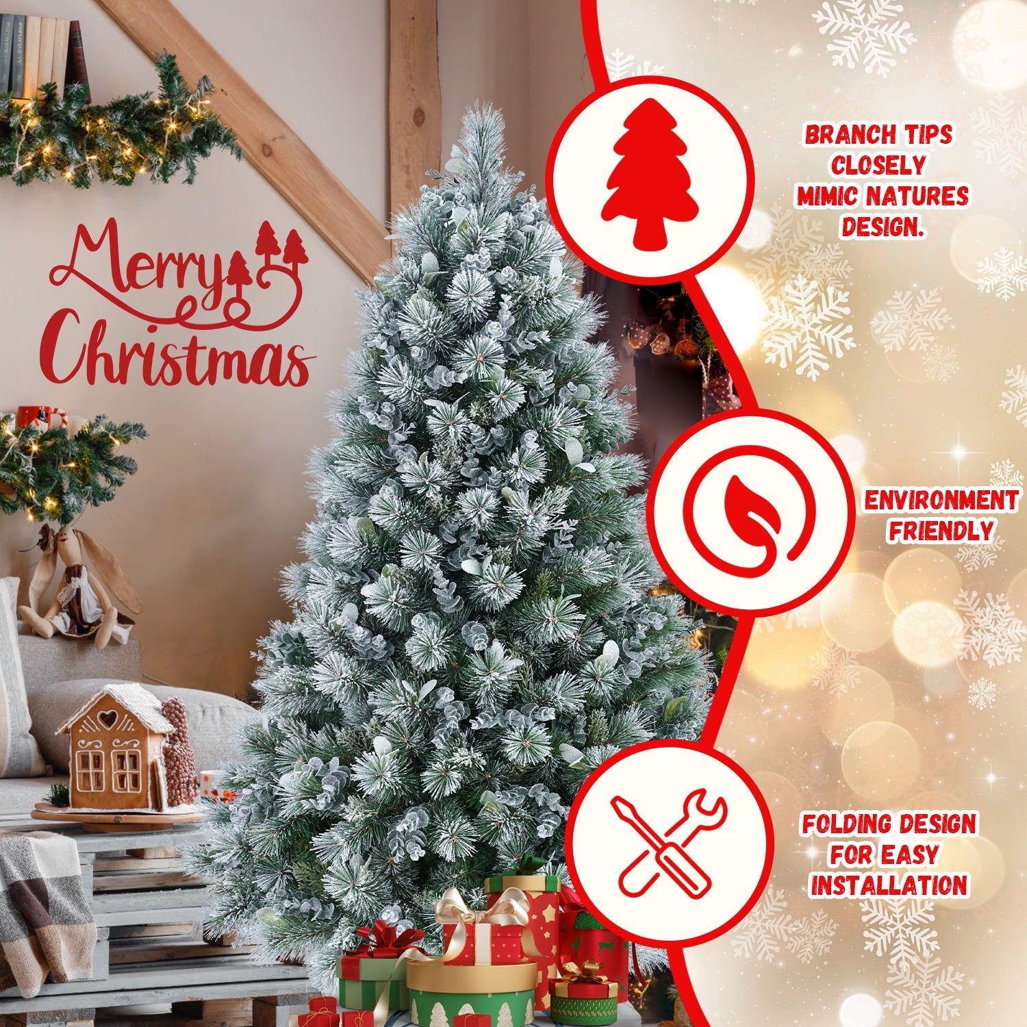 HKM-520915 4FT Snow Flocked Artificial Christmas Tree with 404 Realistic PE Tips for Home and Office Decor
