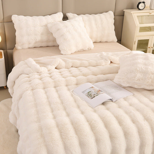 HKM-521107 Double-Layer Thickened Warm Blanket with Rabbit Fur and Pillow - Multiple Sizes & Colors Available