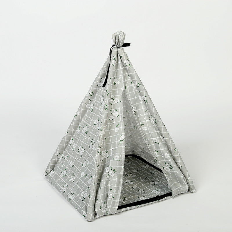 HKM-521299 Portable Folding Doghouse - Grey, Dark Apricot, Light Pink - Flower Cloth - 34x34x40cm