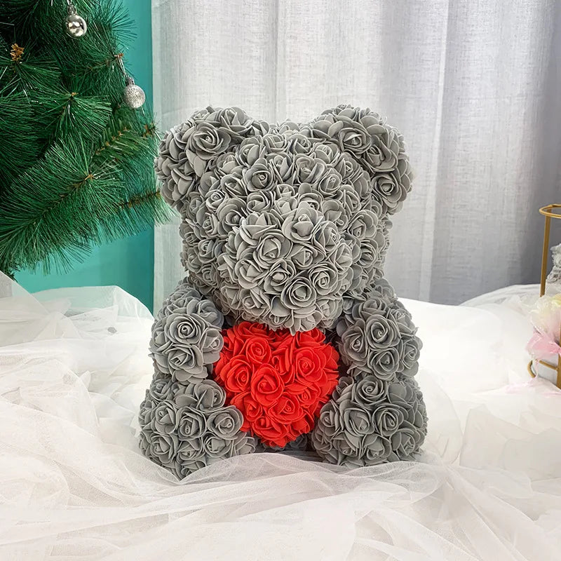 HKM-521619 Customizable Plush Rose Teddy Bear Gift with Heart Box, Soft Foam Roses, 25-70cm, Ideal for Valentine's and Mother's Day
