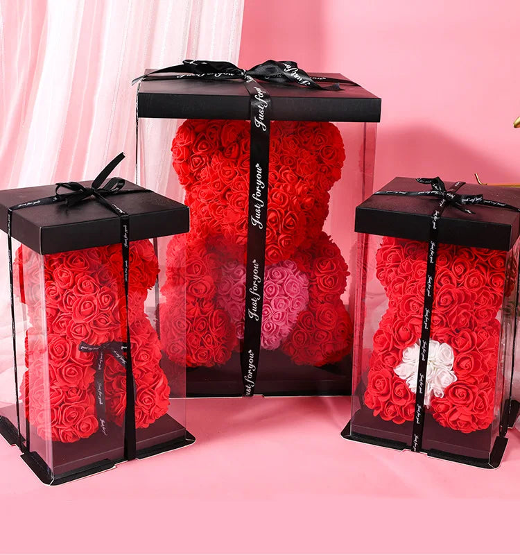 HKM-521619 Customizable Plush Rose Teddy Bear Gift with Heart Box, Soft Foam Roses, 25-70cm, Ideal for Valentine's and Mother's Day