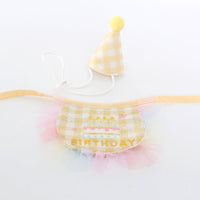 HKM-522771 Dog Birthday Bib and Hat Set - Yellow Letter Pattern, Adjustable Elastic Strap, Soft Polyester