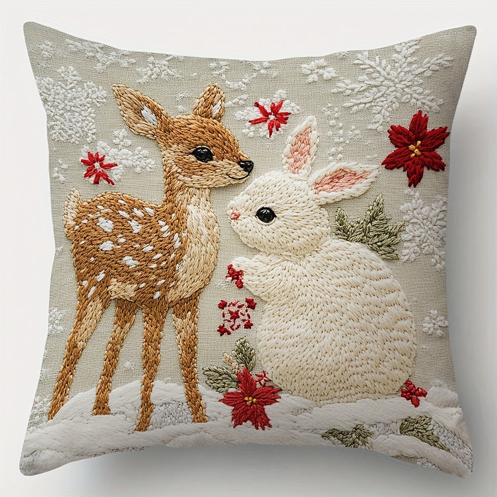 HKM-522835 Christmas Cartoon Elk and Rabbit Decorative Linen Cushion Cover - 45x45cm Size