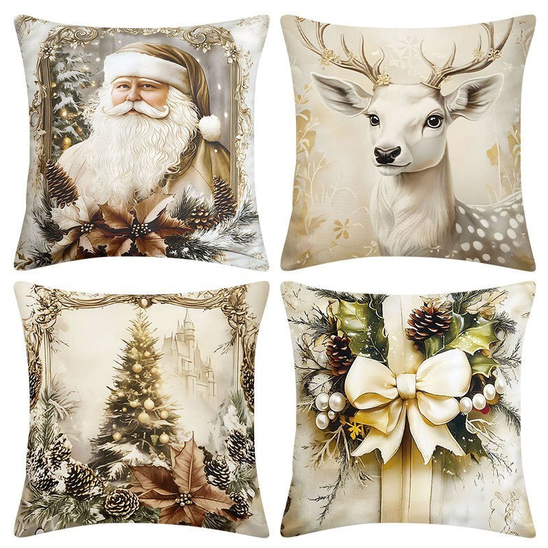 HKM-522835 Christmas Cartoon Elk and Rabbit Decorative Linen Cushion Cover - 45x45cm Size
