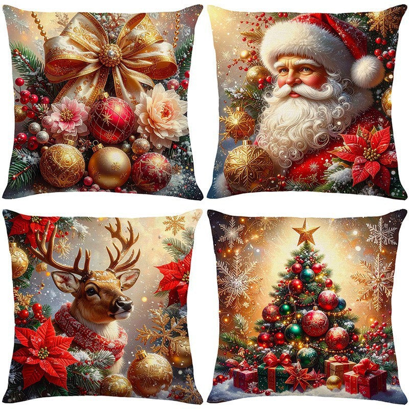HKM-522835 Christmas Cartoon Elk and Rabbit Decorative Linen Cushion Cover - 45x45cm Size