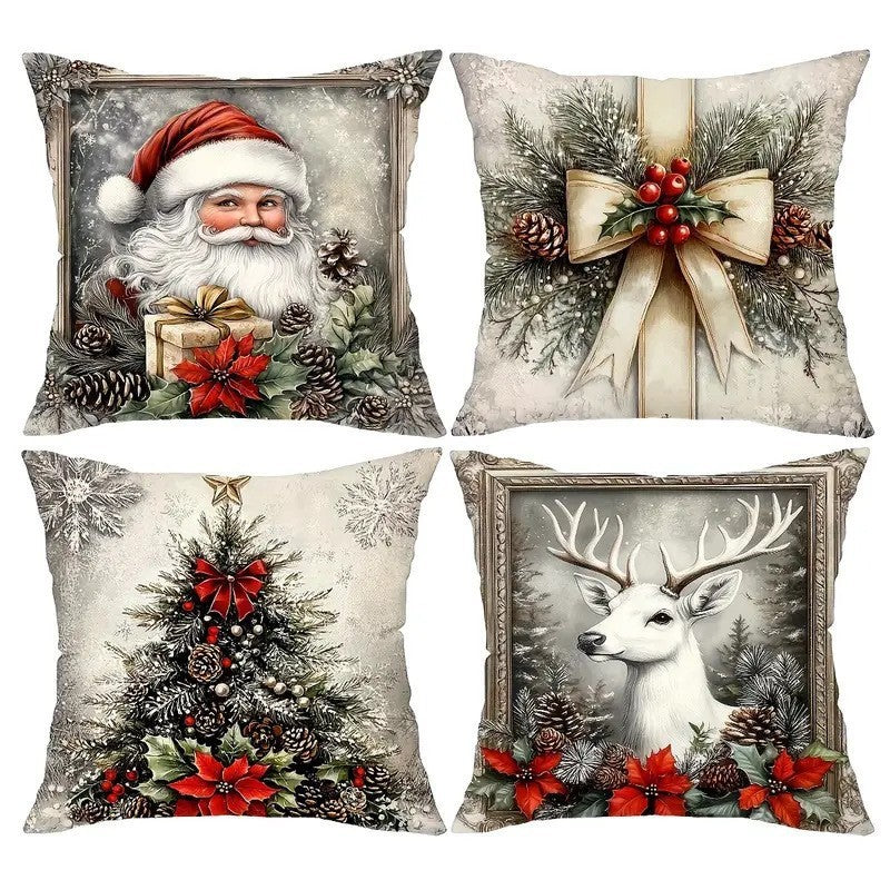 HKM-522835 Christmas Cartoon Elk and Rabbit Decorative Linen Cushion Cover - 45x45cm Size