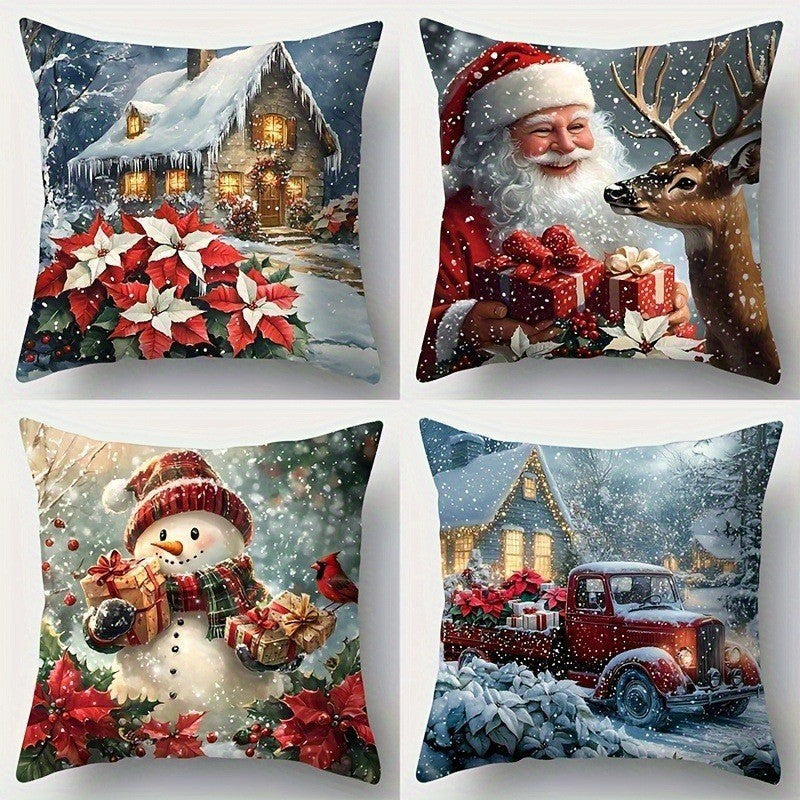 HKM-522835 Christmas Cartoon Elk and Rabbit Decorative Linen Cushion Cover - 45x45cm Size