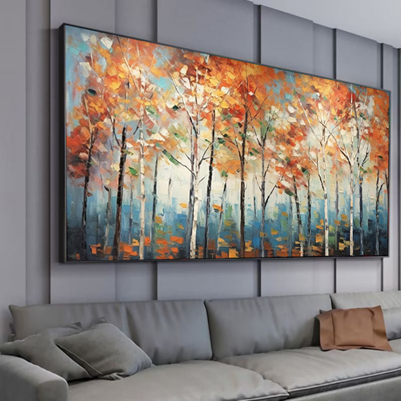 HKM-523027 Handmade Oil Painting on Canvas - Modern Autumn Maple Forest Landscape Art for Home Decor
