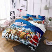 HKM-523091 Digital Printed Three-Piece Christmas Bedding Set with Santa Claus, Christmas Tree, and Snowman