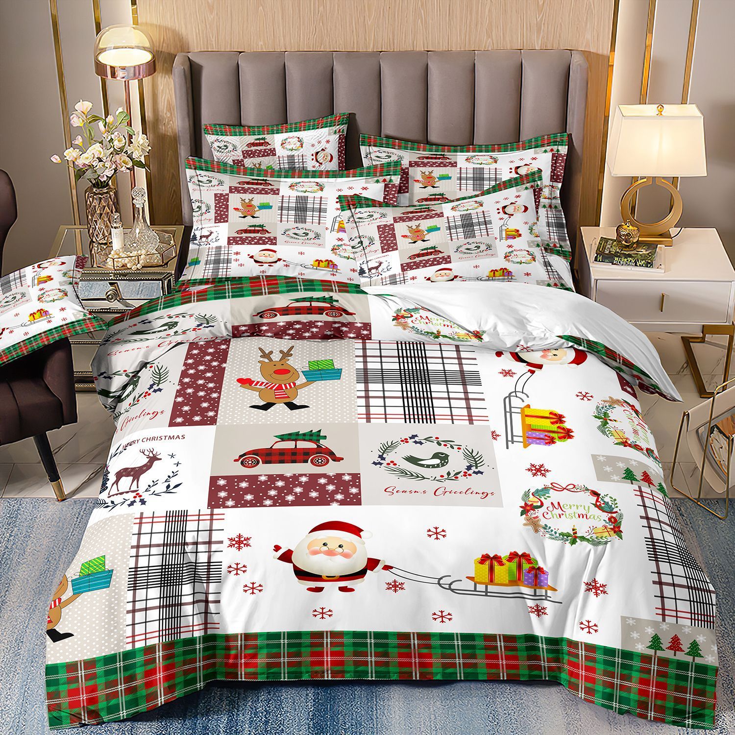 HKM-523091 Digital Printed Three-Piece Christmas Bedding Set with Santa Claus, Christmas Tree, and Snowman
