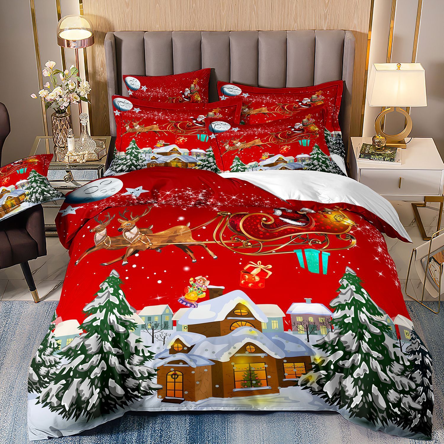 HKM-523091 Digital Printed Three-Piece Christmas Bedding Set with Santa Claus, Christmas Tree, and Snowman