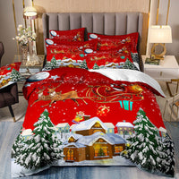 HKM-523091 Digital Printed Three-Piece Christmas Bedding Set with Santa Claus, Christmas Tree, and Snowman