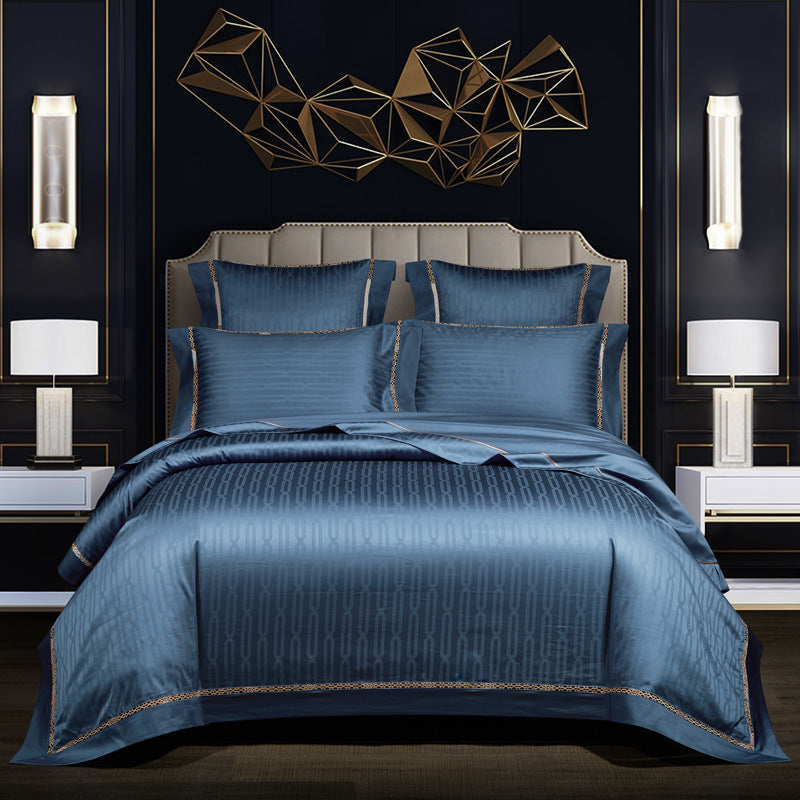 HKM-523859 140 Long-Staple Cotton Jacquard Four-Piece Bedding Set, Striped Design, Available in Standard and Plus Sizes