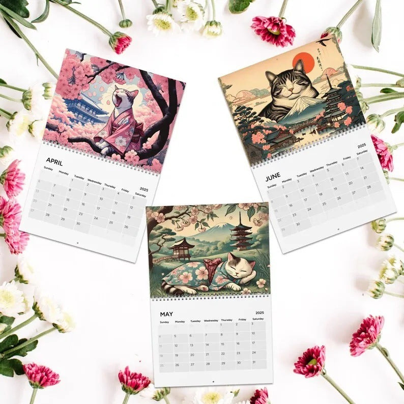 HKM-524179 2025 Sleepy Cats of Edo Wall Calendar for Cat Lovers, Modern Simplicity Design