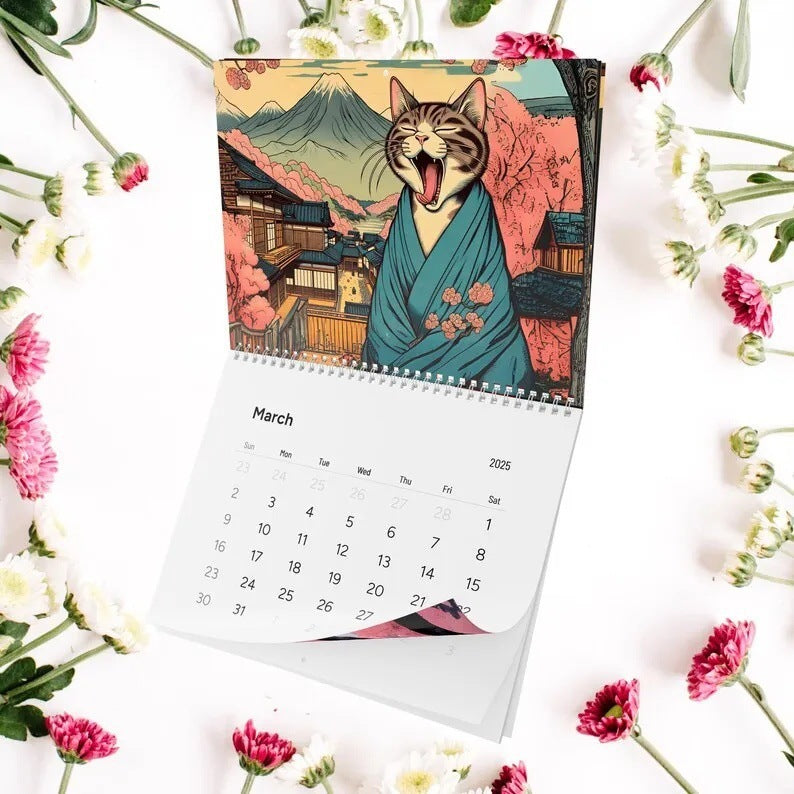HKM-524179 2025 Sleepy Cats of Edo Wall Calendar for Cat Lovers, Modern Simplicity Design