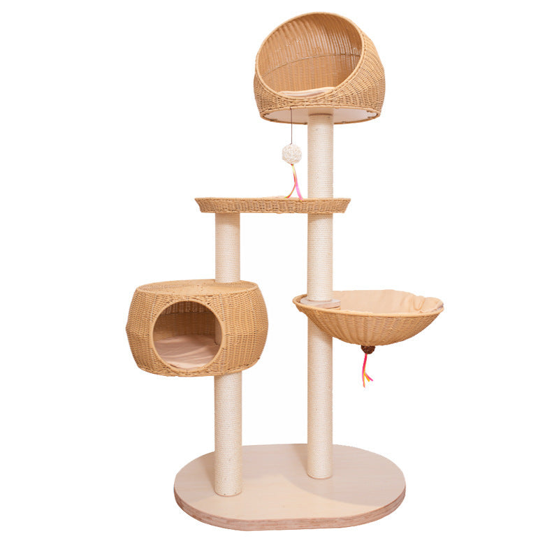 HKM-524243 Integrated Multi Layer Solid Wood Cat Climbing Frame - Imitation Rattan in Apricot, Off White, Blue, Pink, 78 x 58 x 160cm
