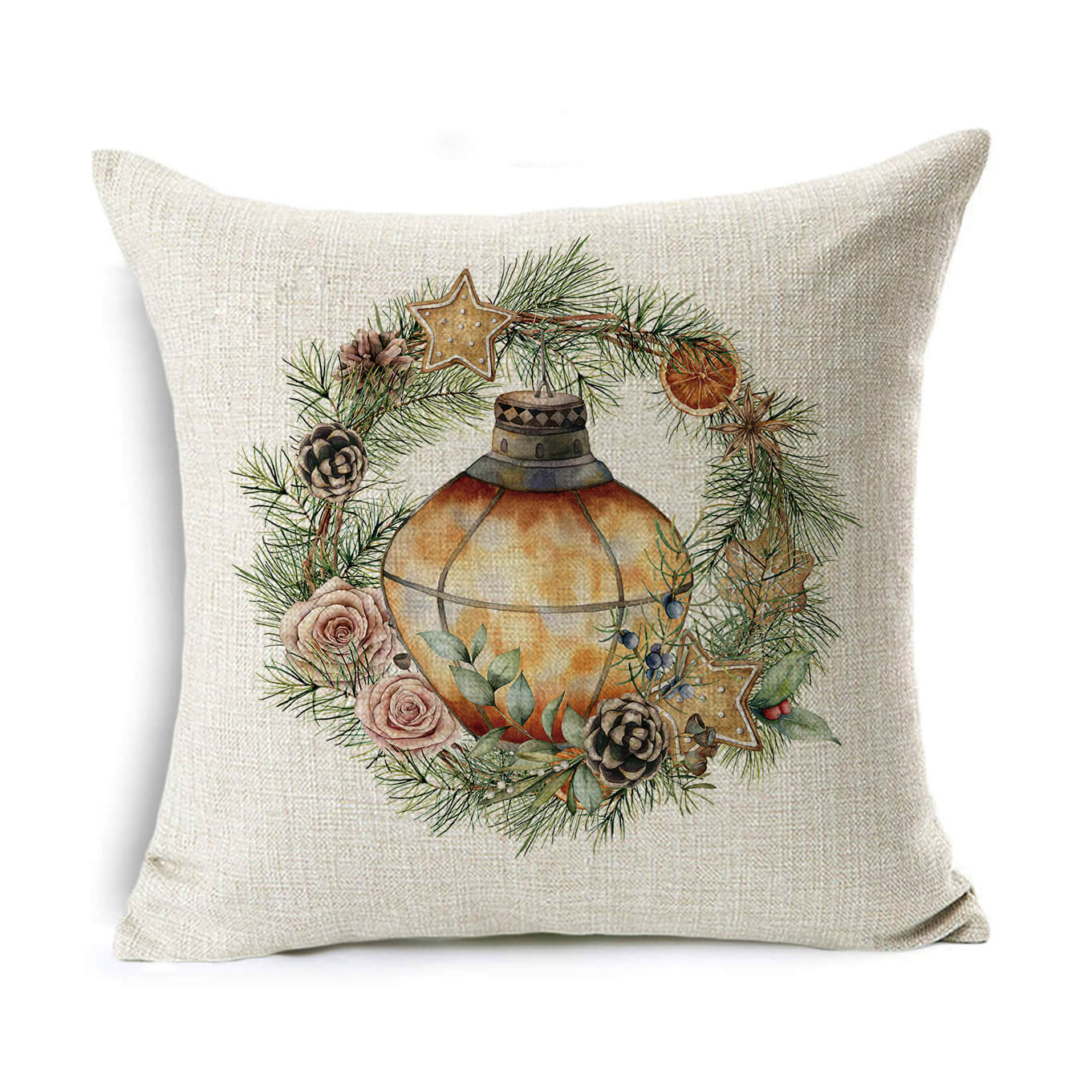 HKM-524307 Linen Christmas Gift Wreath Throw Pillow Cover, 45x45cm, Nordic Style