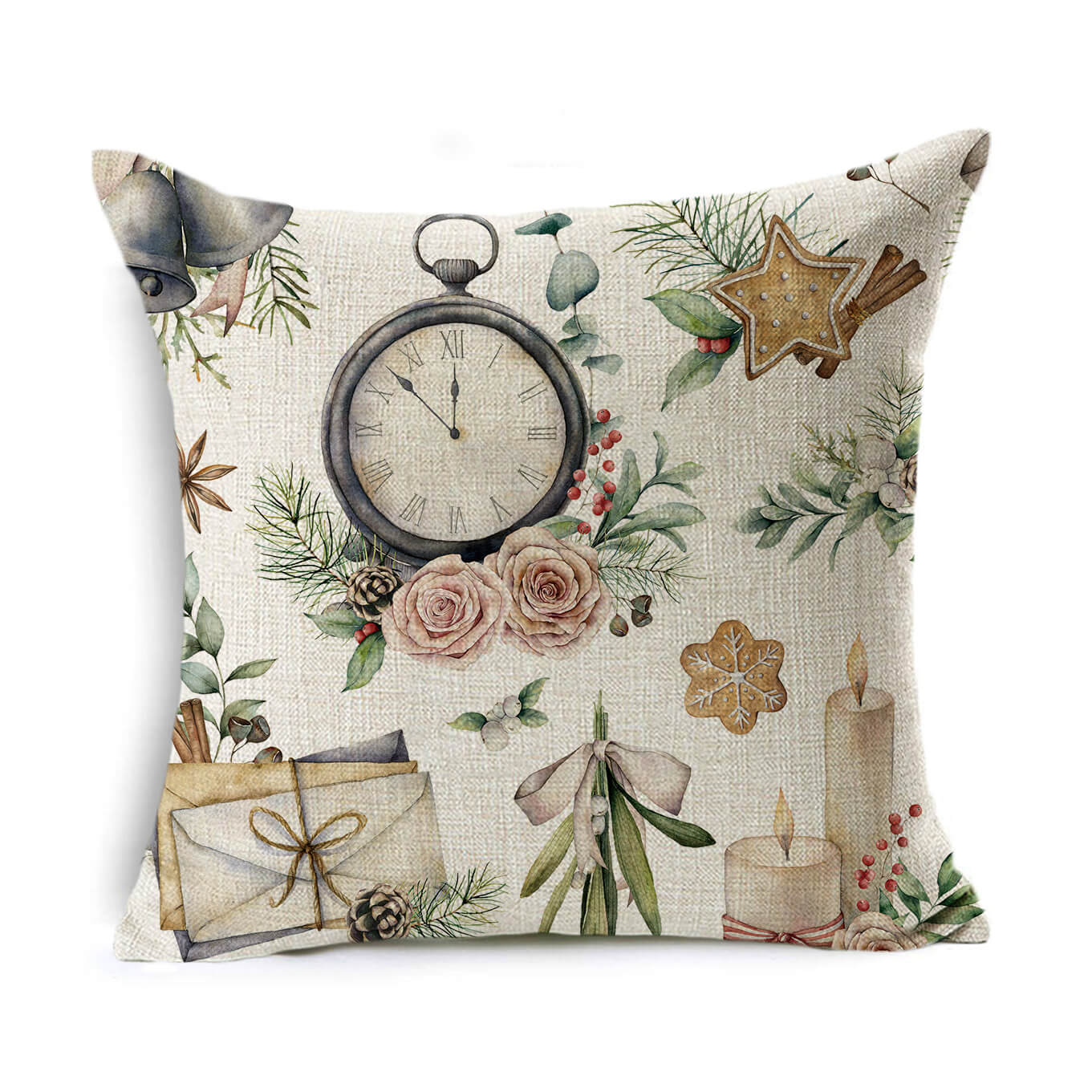 HKM-524307 Linen Christmas Gift Wreath Throw Pillow Cover, 45x45cm, Nordic Style