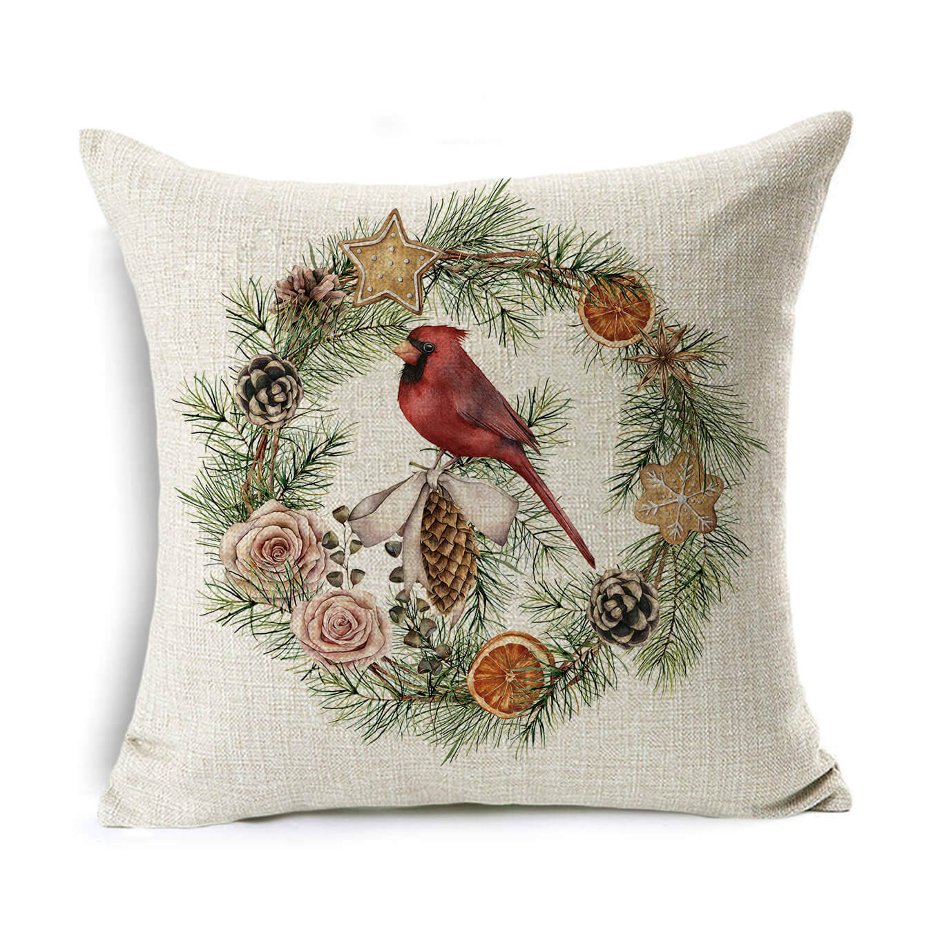 HKM-524307 Linen Christmas Gift Wreath Throw Pillow Cover, 45x45cm, Nordic Style